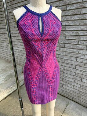 Wow Couture Geometric Knit Bandage Mini Dress Fuchsia Blue Halter Small EUC